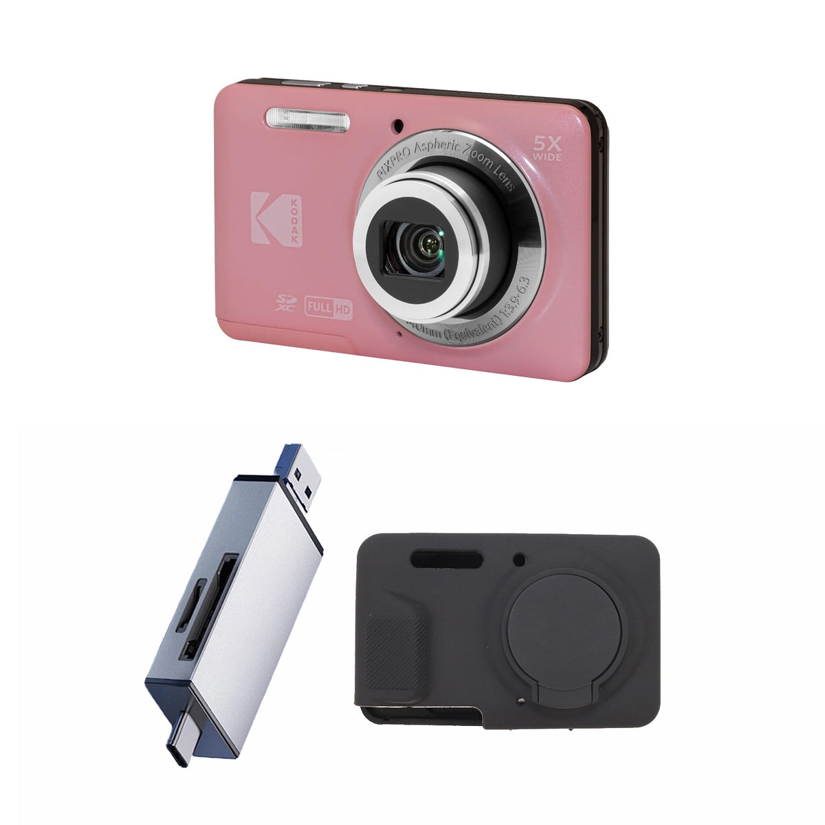 KODAK PIXPRO FZ55 Digital Camera, Pink, Silver Card Reader, Black Silicone Case Bundle — image 1