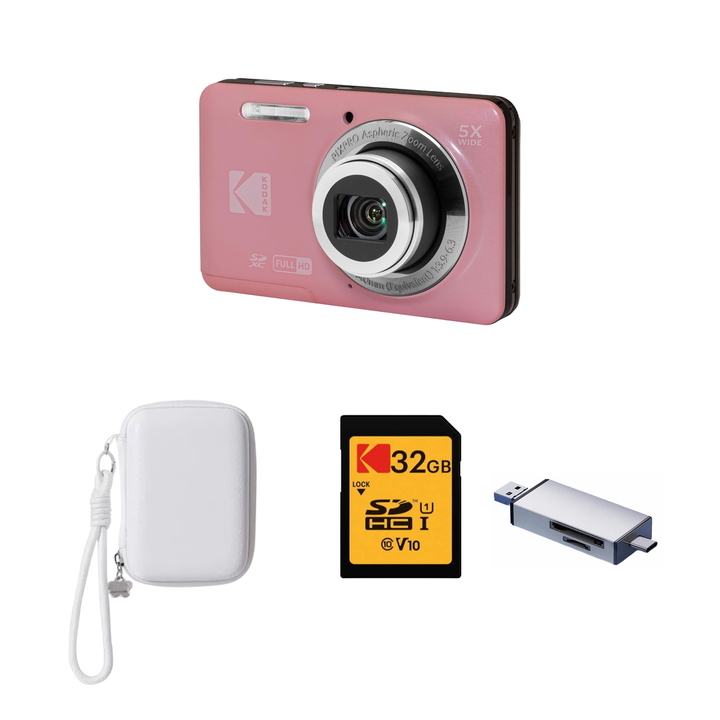KODAK PIXPRO FZ55 Digital Camera, Pink, Ivory Strap Carry Case, 32GB SD Card, Silver Card Reader Bundle - image 1