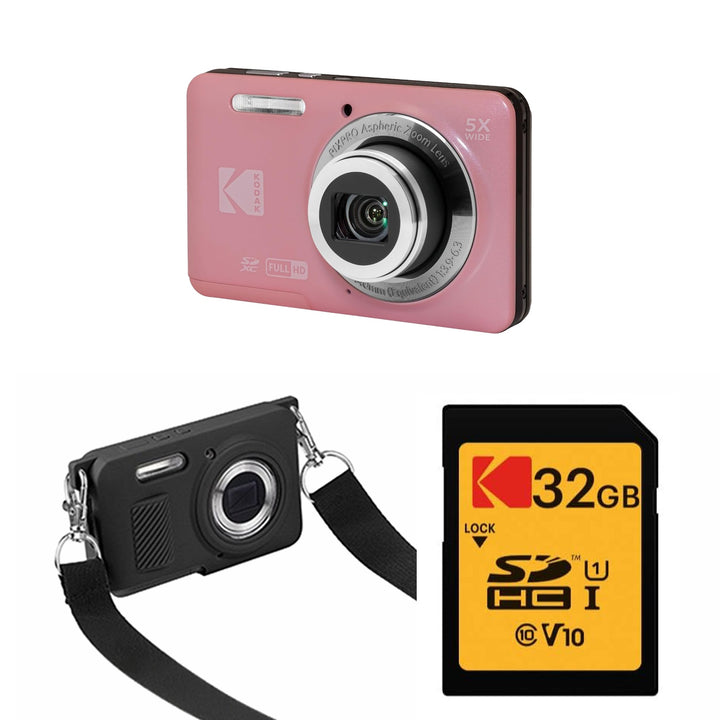 KODAK PIXPRO FZ55 Digital Camera, Pink, 32GB SD Card, Black Strap Silicone Case Bundle