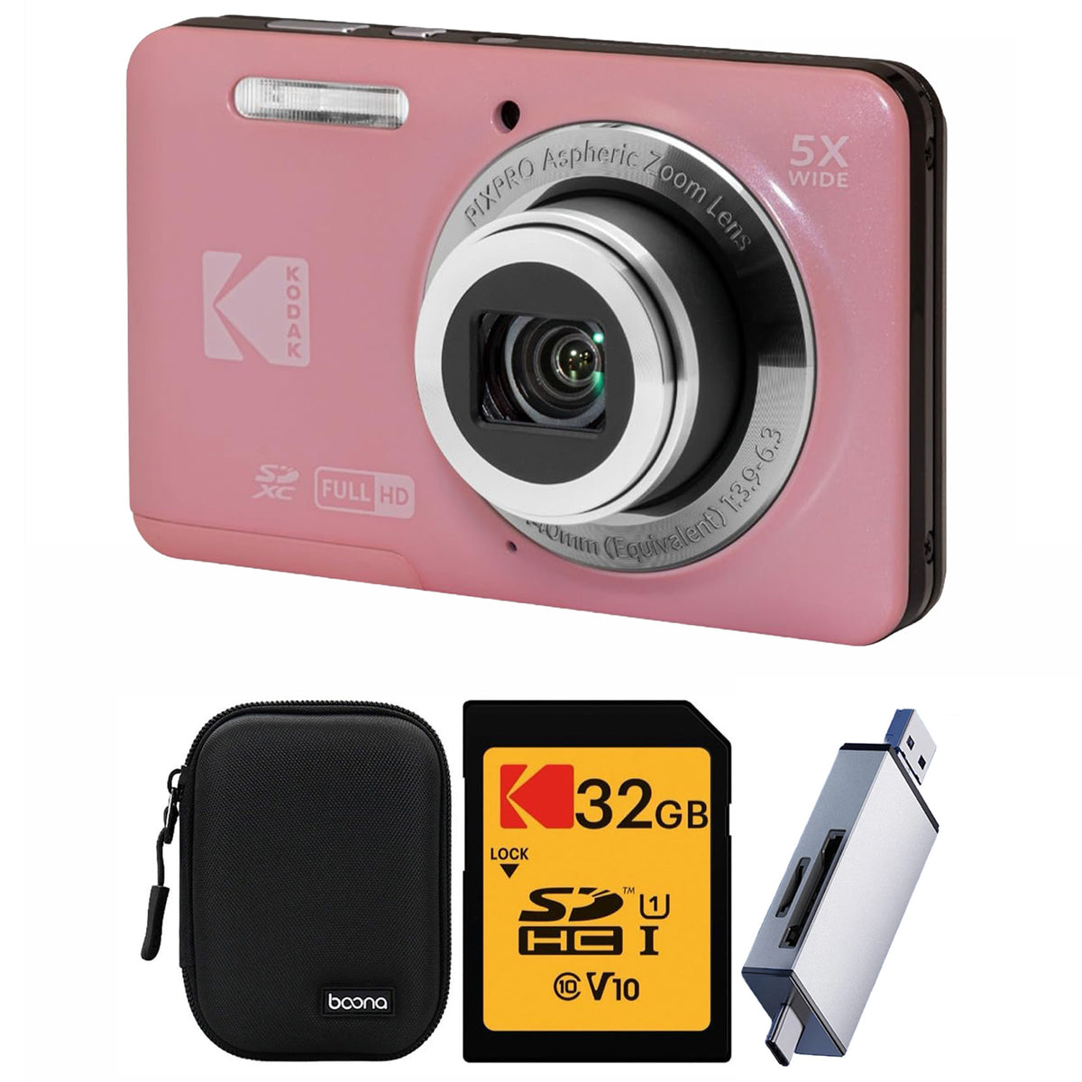 KODAK PIXPRO FZ55 Digital Camera, Pink, Black Carry Case, 32GB SD Card, Silver Card Reader Bundle — image 1