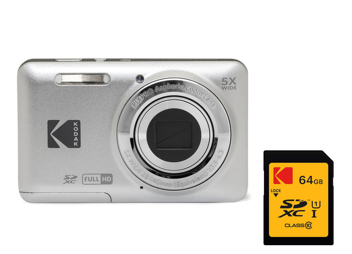 KODAK PIXPRO FZ55 Digital Camera, Silver, 64GB SD Card Bundle