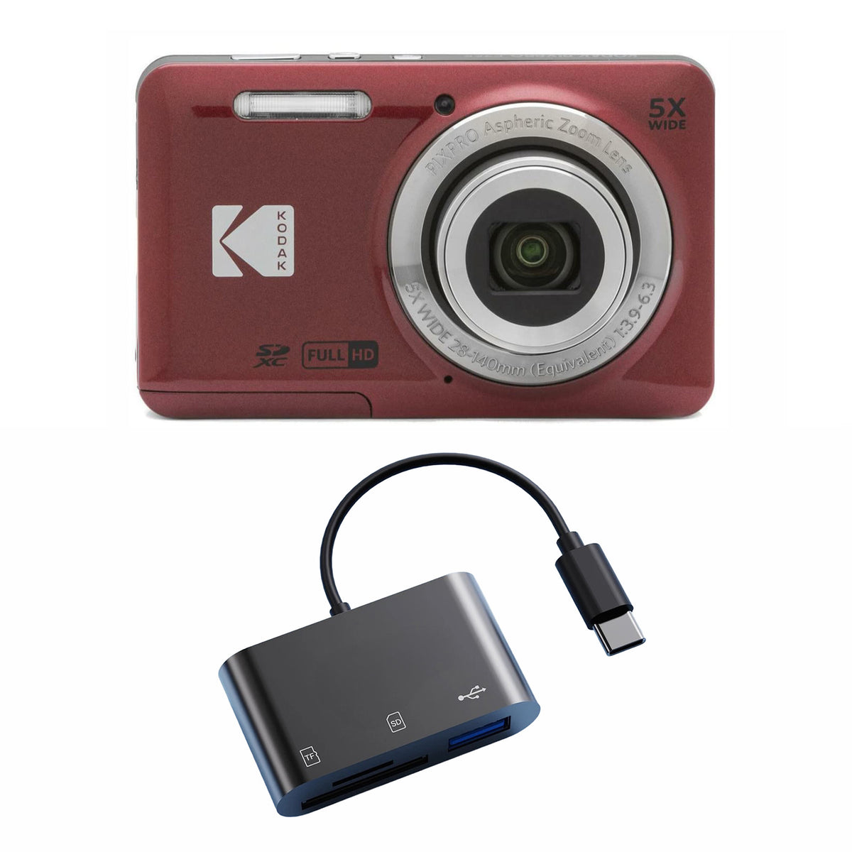 KODAK PIXPRO FZ55 Digital Camera, Red, Dark Gray Card Reader Bundle — image 1
