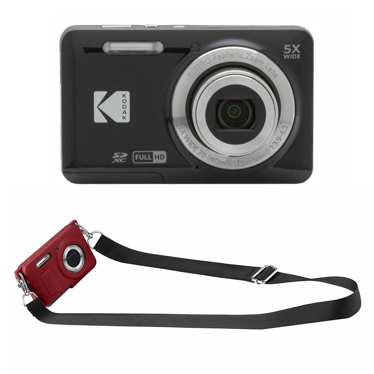 KODAK PIXPRO FZ55 Digital Camera, Black, Red Strap Silicone Case Bundle — image 1