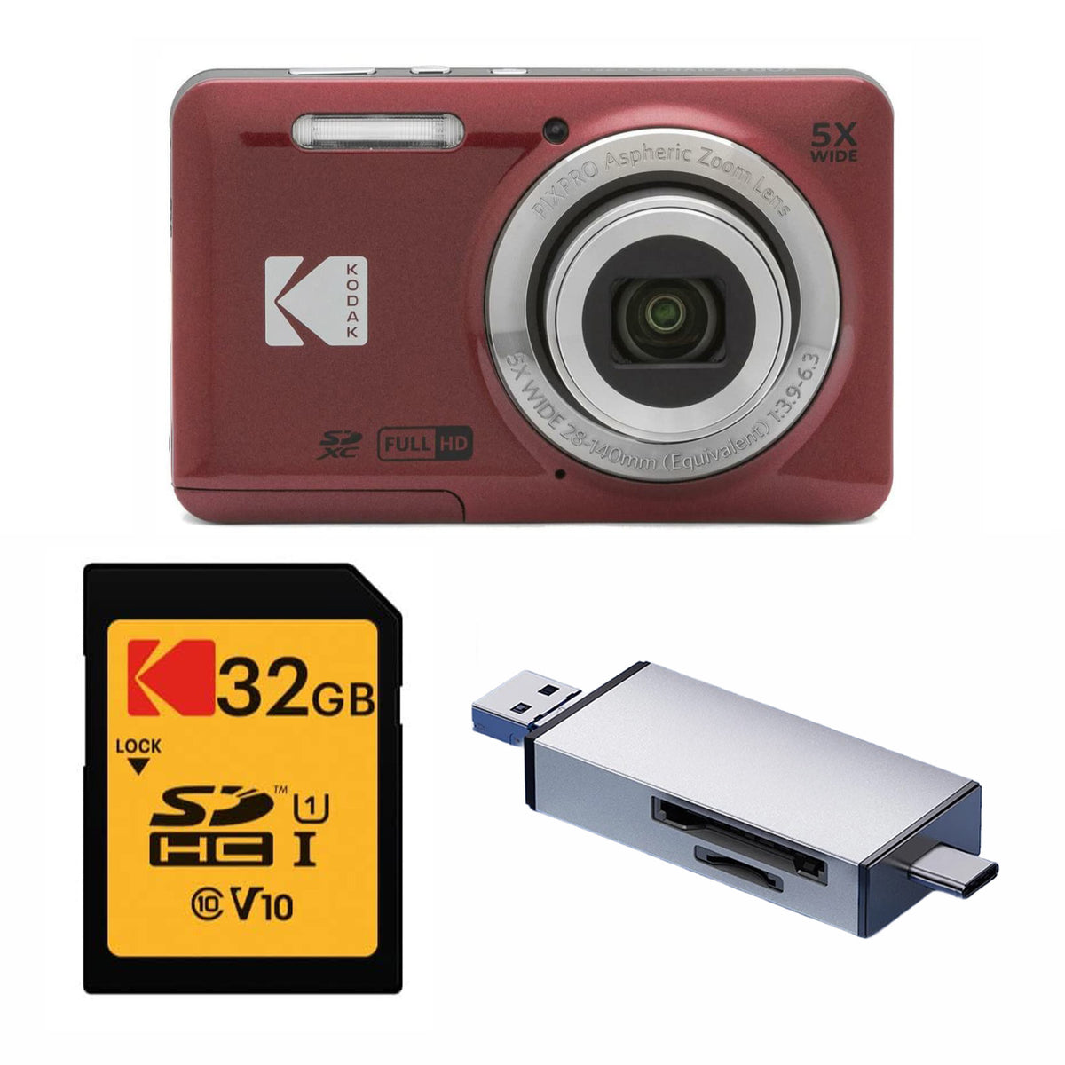 KODAK PIXPRO FZ55 Digital Camera, Red, 32GB SD Card, Silver Card Reader Bundle — image 1