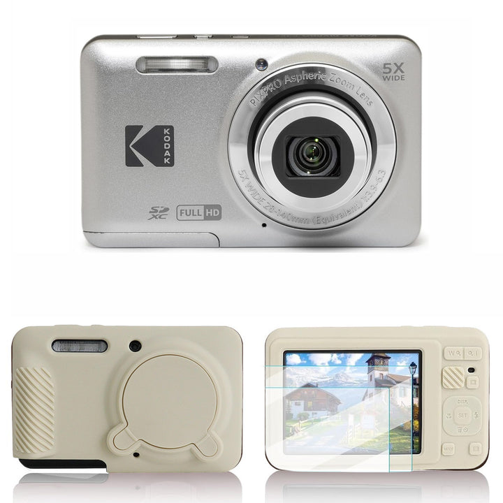 KODAK PIXPRO FZ55 Digital Camera, Silver, Ivory Silicone Case Bundle