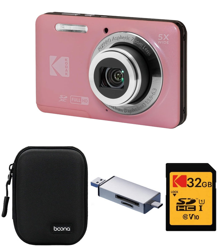 KODAK PIXPRO FZ55 Digital Camera, Pink, Black Carry Case, 32GB SD Card, Silver Card Reader, Solid Close-Up Style Bundle