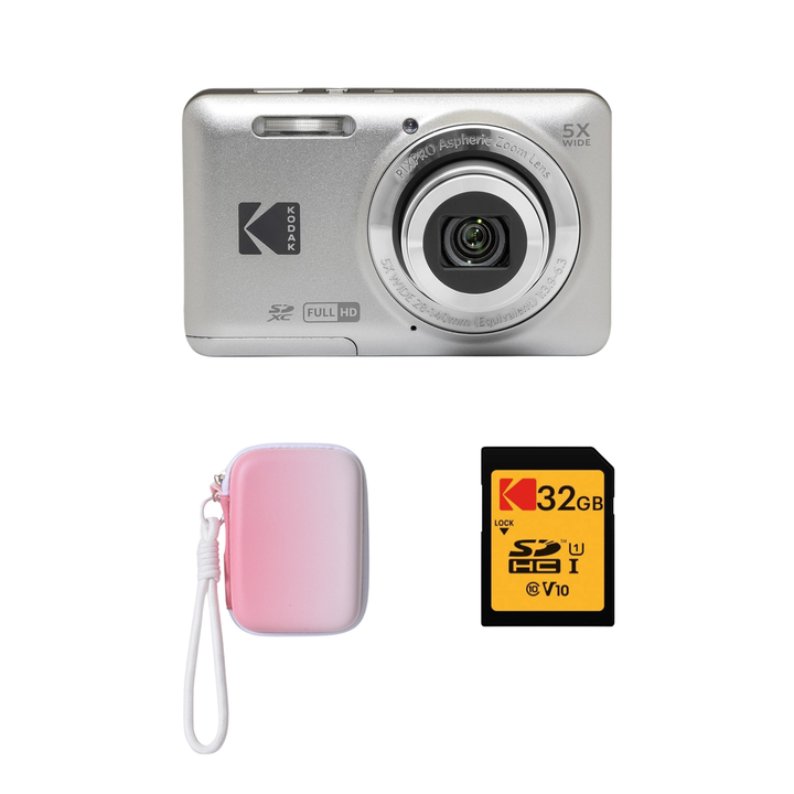 KODAK PIXPRO FZ55 Digital Camera, Silver, Gradient Pink Strap Carry Case, 32GB SD Card Bundle - image 1