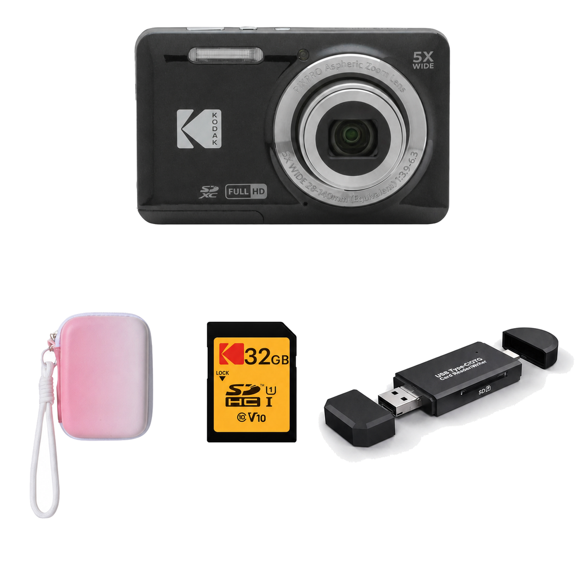 KODAK PIXPRO FZ55 Digital Camera, Black, Gradient Pink Strap Carry Case, 32GB SD Card, 3-in-1 Card Reader Bundle - image 1