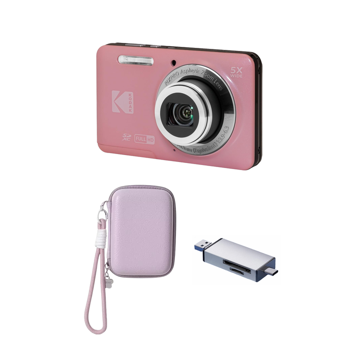 KODAK PIXPRO FZ55 Digital Camera, Pink, Lilac Strap Carry Case, Silver Card Reader Bundle - image 1