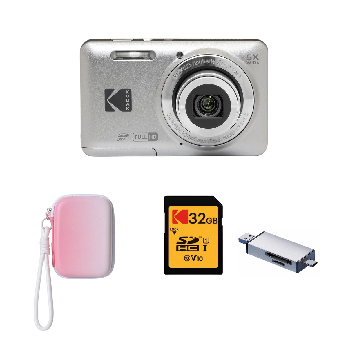 KODAK PIXPRO FZ55 Digital Camera, Silver, Gradient Pink Strap Carry Case, 32GB SD Card, Silver Card Reader Bundle - image 1
