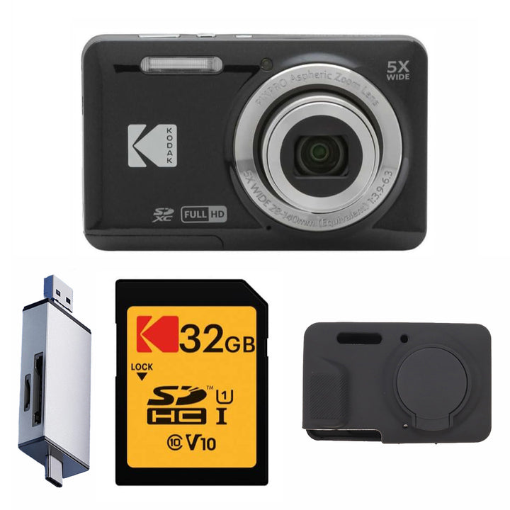 KODAK PIXPRO FZ55 Digital Camera, Black, 32GB SD Card, Silver Card Reader, Black Silicone Case Bundle