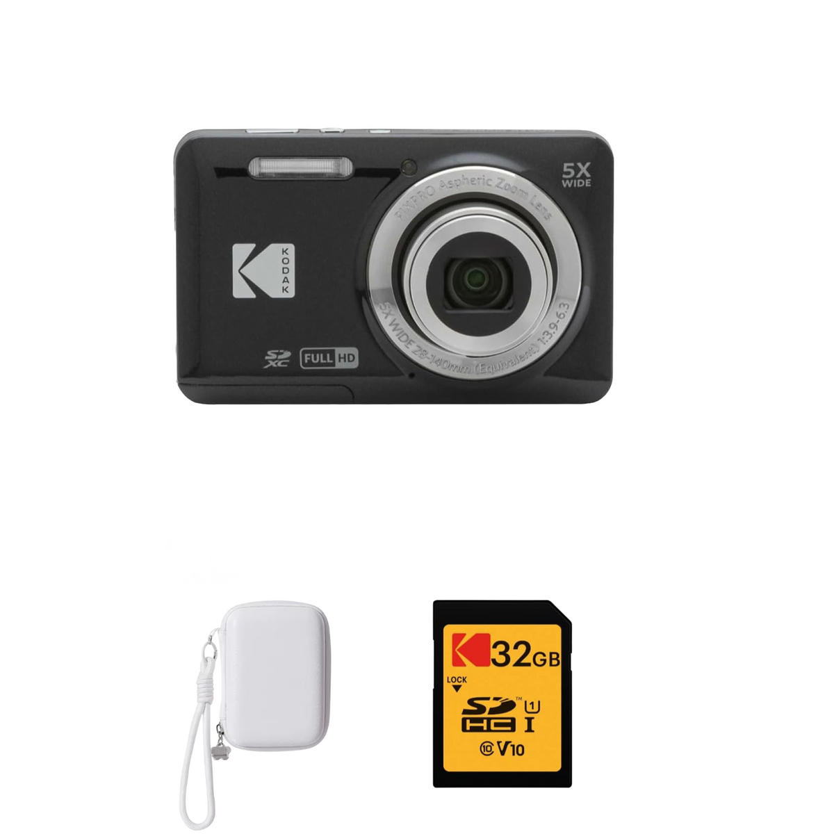 KODAK PIXPRO FZ55 Digital Camera, Black, White Strap Carry Case, 32GB SD Card Bundle — image 1