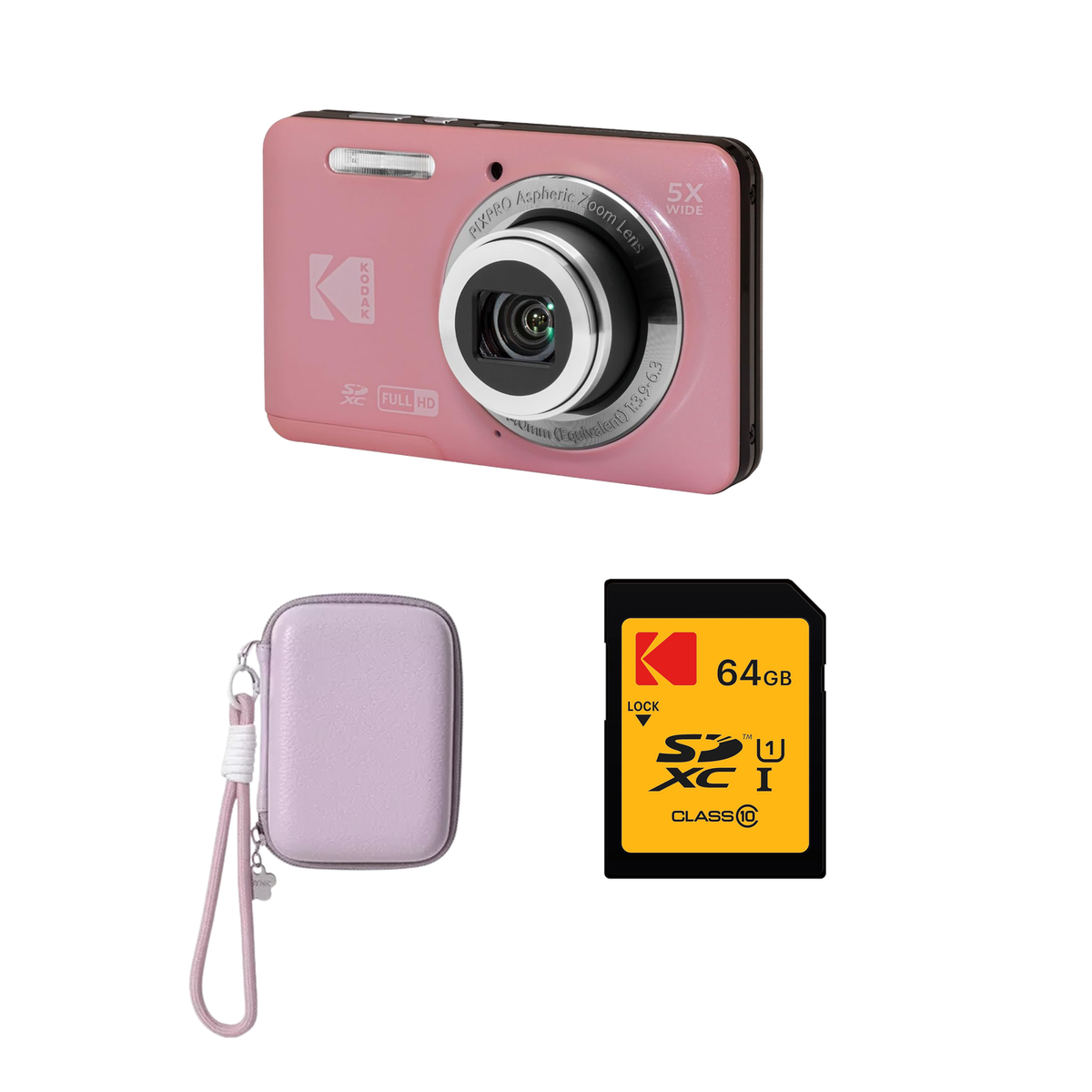 KODAK PIXPRO FZ55 Digital Camera, Pink, Lilac Strap Carry Case, 64GB SD Card Bundle - image 1