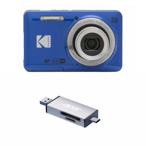 KODAK PIXPRO FZ55 Digital Camera, Blue, Silver Card Reader Bundle