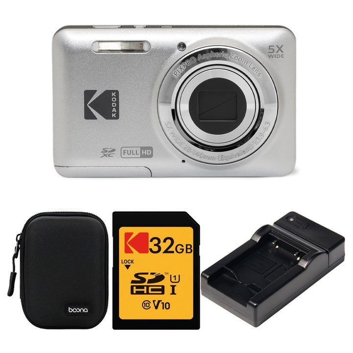 KODAK PIXPRO FZ55 Digital Camera, Silver, Black Carry Case, 32GB SD Card, Charging Cradle Bundle