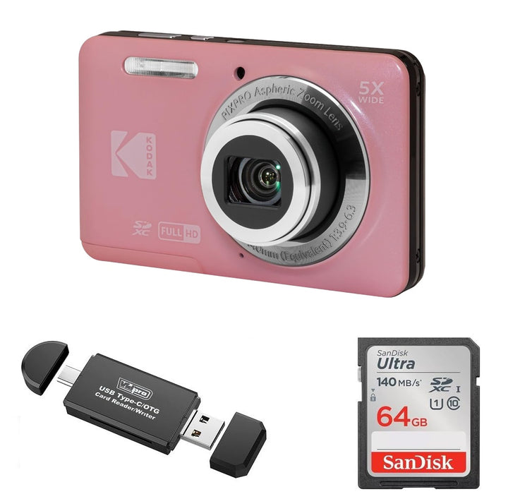 KODAK PIXPRO FZ55 Digital Camera, Pink, 64GB SD Card, Black Card Reader Bundle