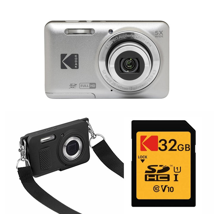 KODAK PIXPRO FZ55 Digital Camera, Silver, 32GB SD Card, Black Strap Silicone Case Bundle