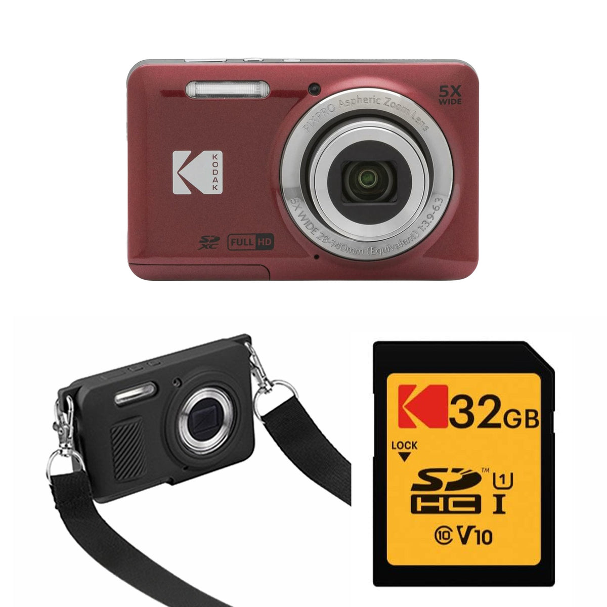 KODAK PIXPRO FZ55 Digital Camera, Red, 32GB SD Card, Black Strap Silicone Case Bundle — image 1