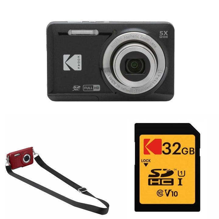 KODAK PIXPRO FZ55 Digital Camera, Black, 32GB SD Card, Red Strap Silicone Case Bundle