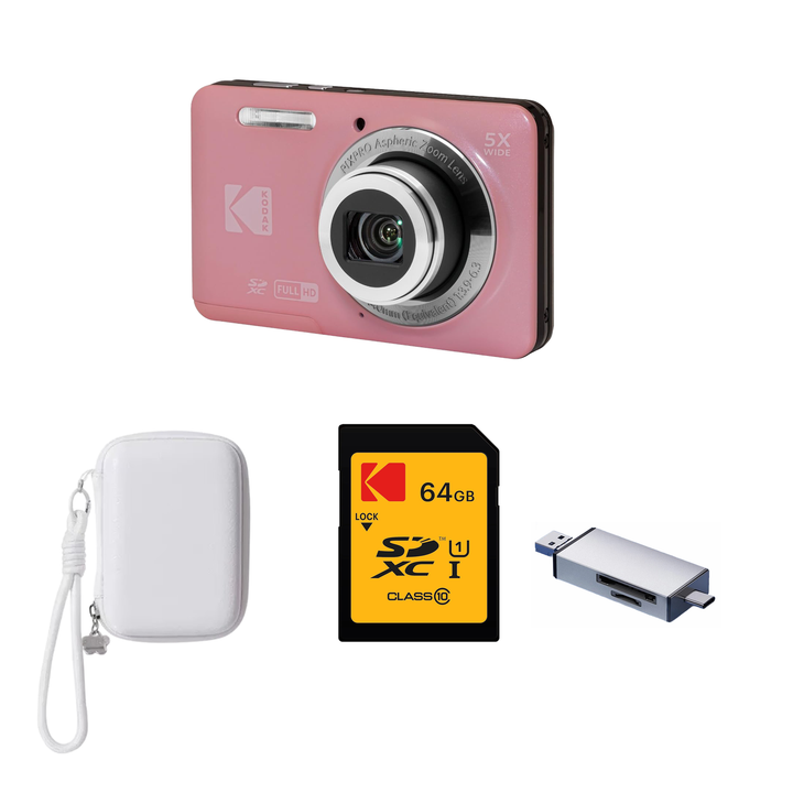 KODAK PIXPRO FZ55 Digital Camera, Pink, Ivory Strap Carry Case, 64GB SD Card, Silver Card Reader Bundle - image 1