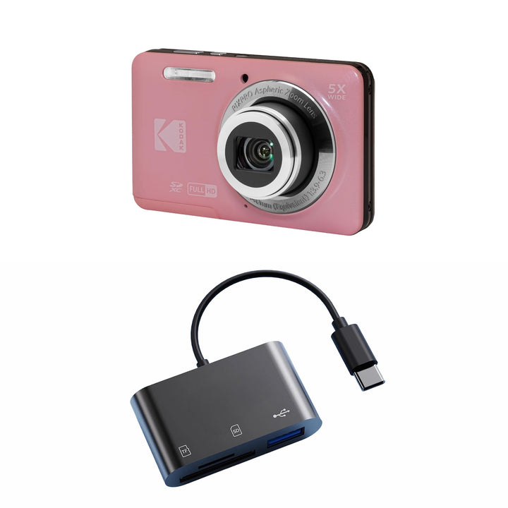 KODAK PIXPRO FZ55 Digital Camera, Pink, Black Card Reader Bundle
