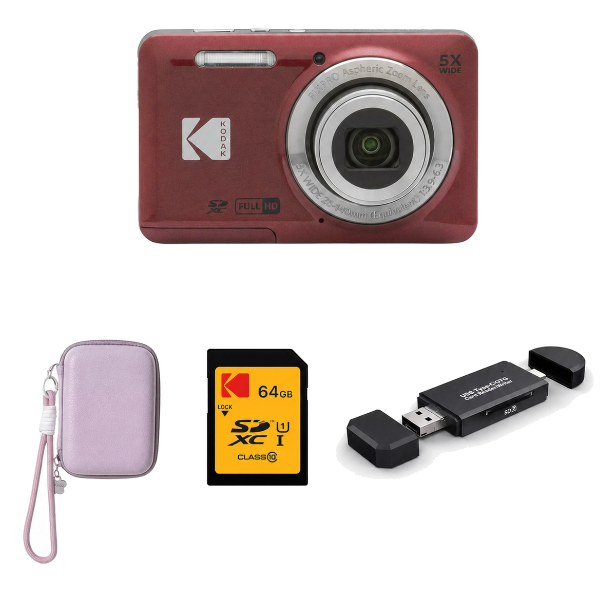 KODAK PIXPRO FZ55 Digital Camera, Red, Lilac Strap Carry Case, 64GB SD Card, 3-in-1 Card Reader Bundle - image 1