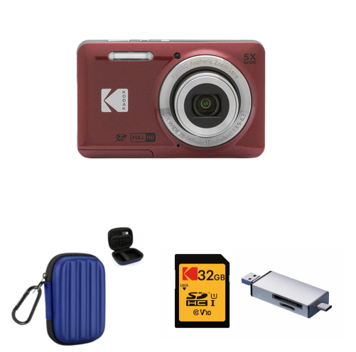 KODAK PIXPRO FZ55 Digital Camera, Red, Blue Carry Case, 32GB SD Card, Silver Card Reader Bundle