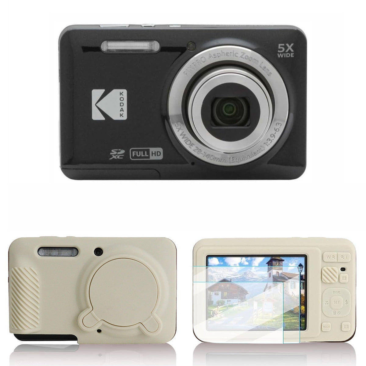KODAK PIXPRO FZ55 Digital Camera, Black, Ivory Silicone Case Bundle — image 1