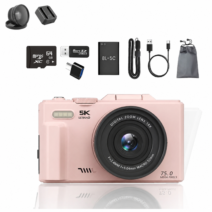 FLATIC Compact Digital Camera, Pink, 64GB SD Card - image 1