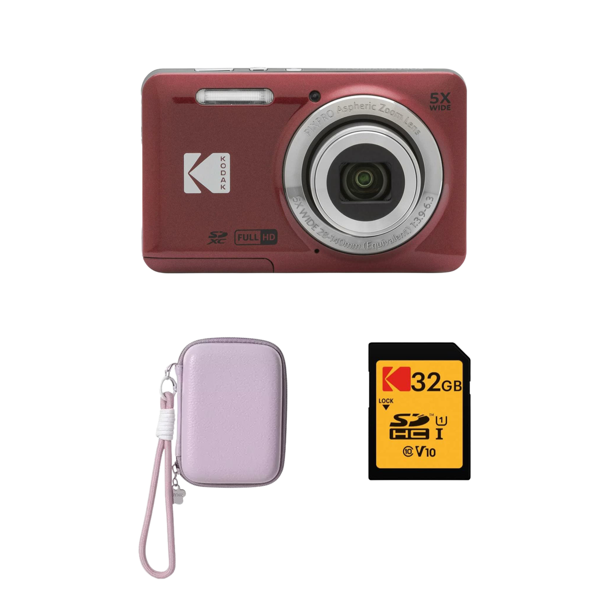 KODAK PIXPRO FZ55 Digital Camera, Red, Lilac Strap Carry Case, 32GB SD Card Bundle - image 1