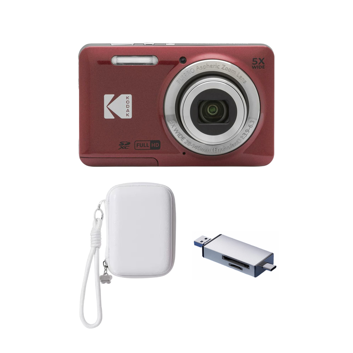 KODAK PIXPRO FZ55 Digital Camera, Red, Ivory Strap Carry Case, Silver Card Reader Bundle - image 1