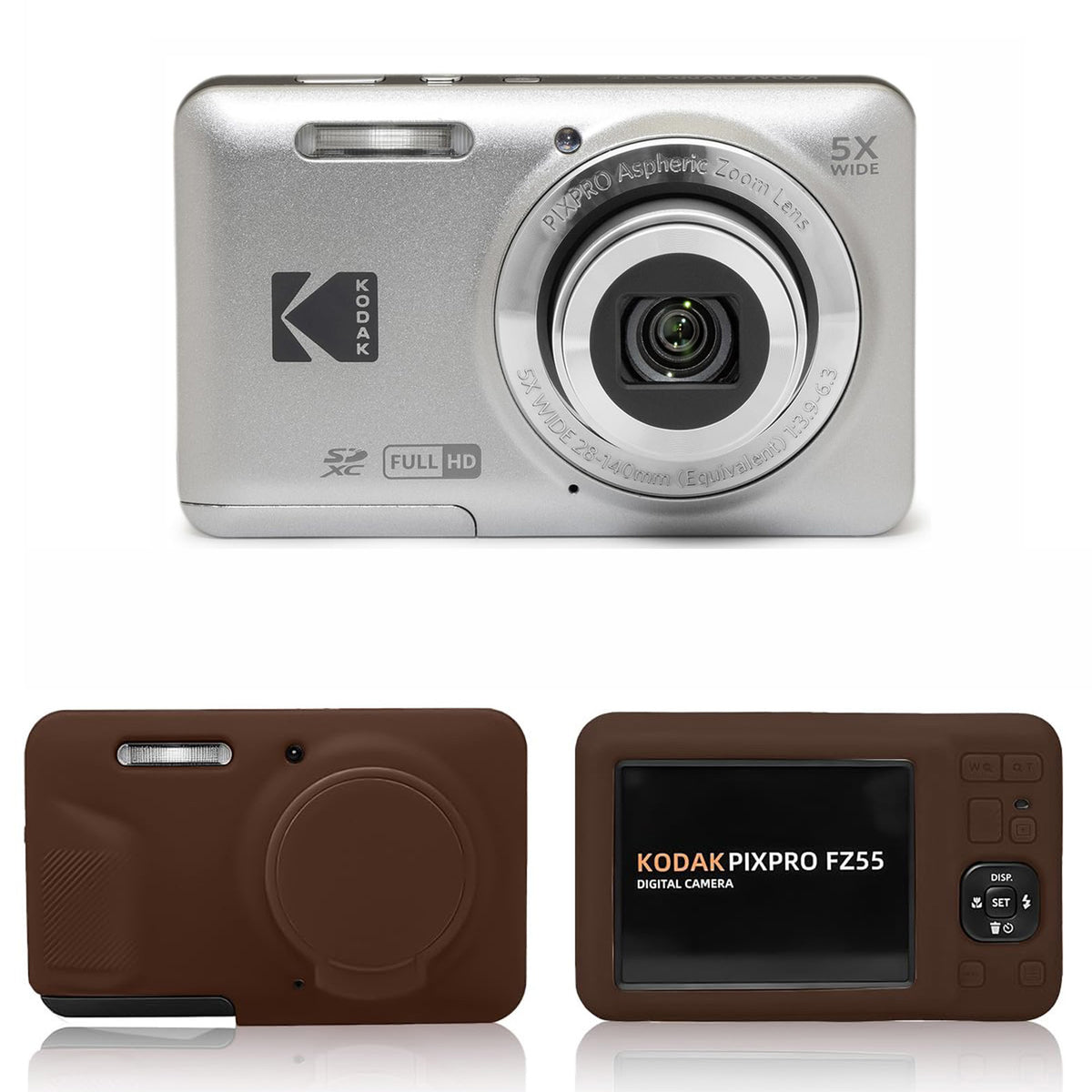 KODAK PIXPRO FZ55 Digital Camera, Silver, Brown Silicone Case Bundle — image 1