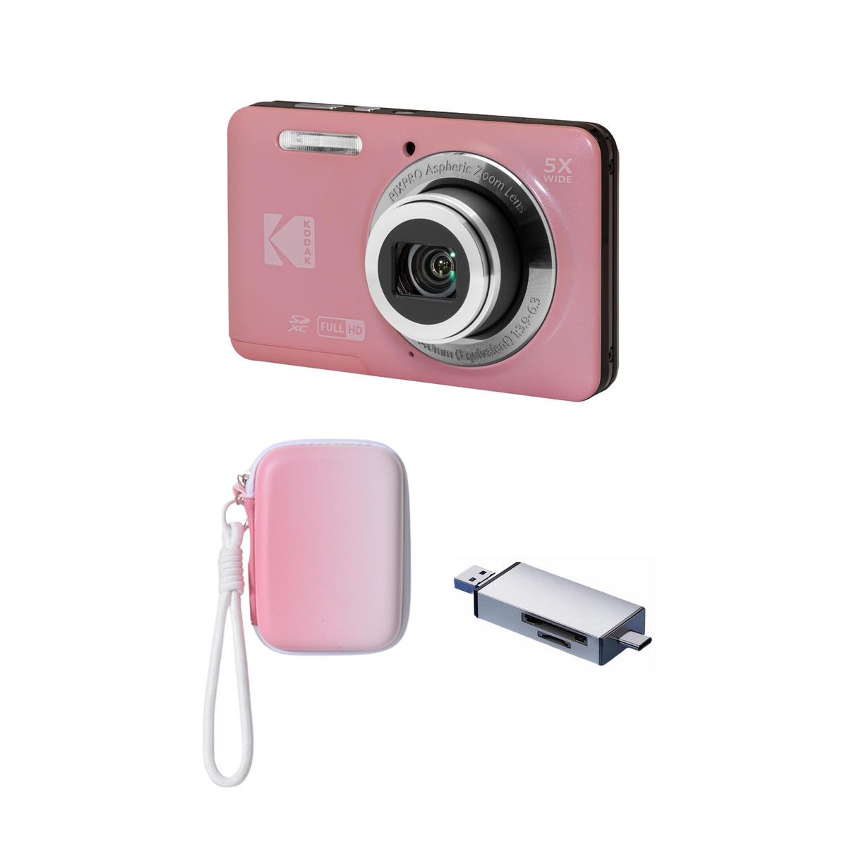 KODAK PIXPRO FZ55 Digital Camera, Pink, Gradient Pink Strap Carry Case, Silver Card Reader Bundle - image 1