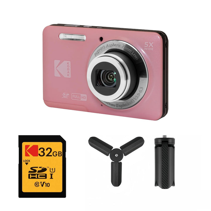 KODAK PIXPRO FZ55 Digital Camera, Pink, 32GB SD Card, Mini Tripod Bundle