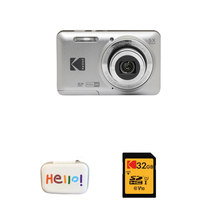 KODAK PIXPRO FZ55 Digital Camera, Silver, Hello White Carry Case, 32GB SD Card Bundle