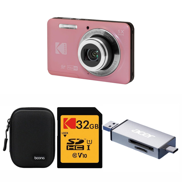 KODAK PIXPRO FZ55 Digital Camera, Pink, Black Carry Case, 32GB SD Card, Silver Card Reader, Ace Style Bundle