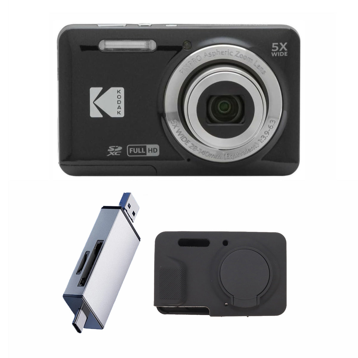 KODAK PIXPRO FZ55 Digital Camera, Black, Silver Card Reader, Black Silicone Case Bundle — image 1