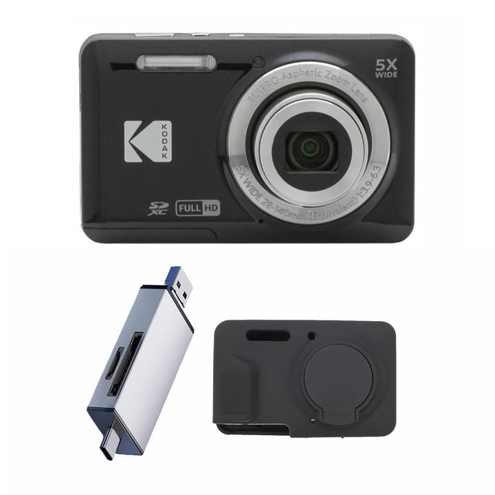 KODAK PIXPRO FZ55 Digital Camera, Black, Silver Card Reader, Black Silicone Case Bundle