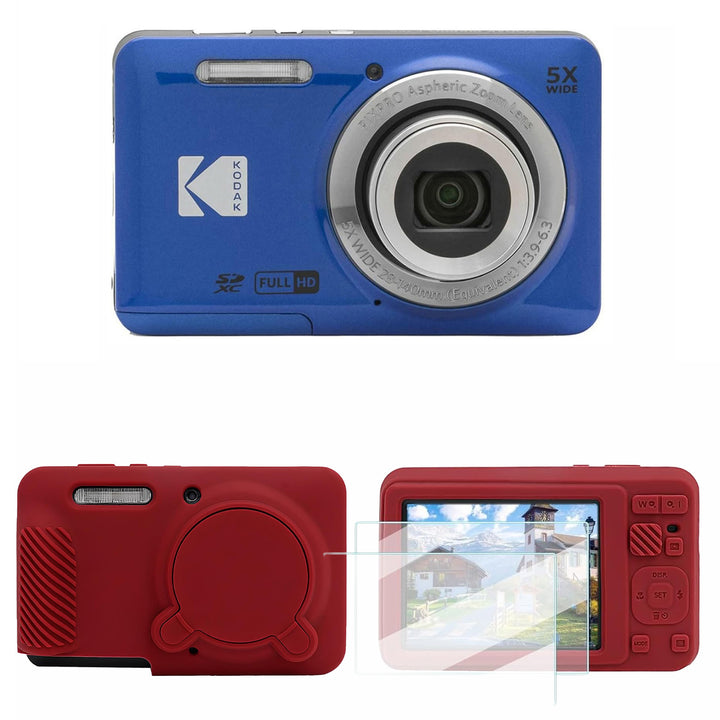 KODAK PIXPRO FZ55 Digital Camera, Blue, Red Cat Silicone Case Bundle