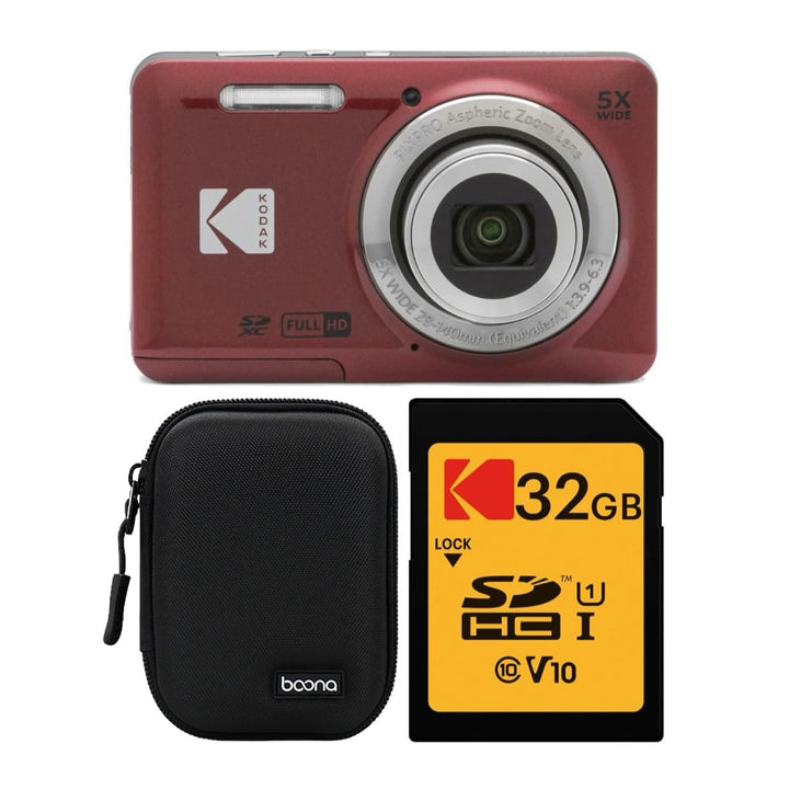 KODAK PIXPRO FZ55 Digital Camera, Red, Black Carry Case, 32GB SD Card, Close-Up Style Bundle