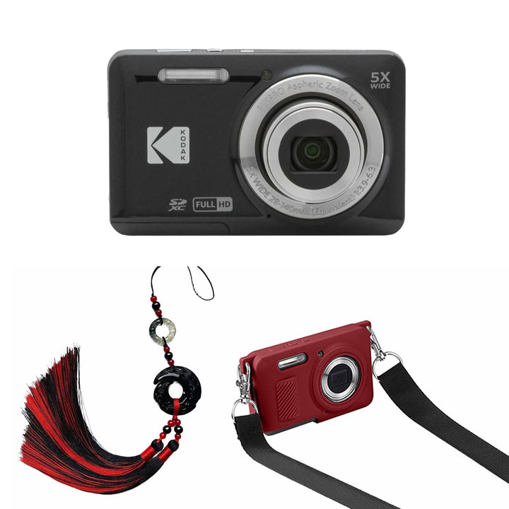 KODAK PIXPRO FZ55 Digital Camera, Black, Red Strap Silicone Case, Tassel Charm Bundle