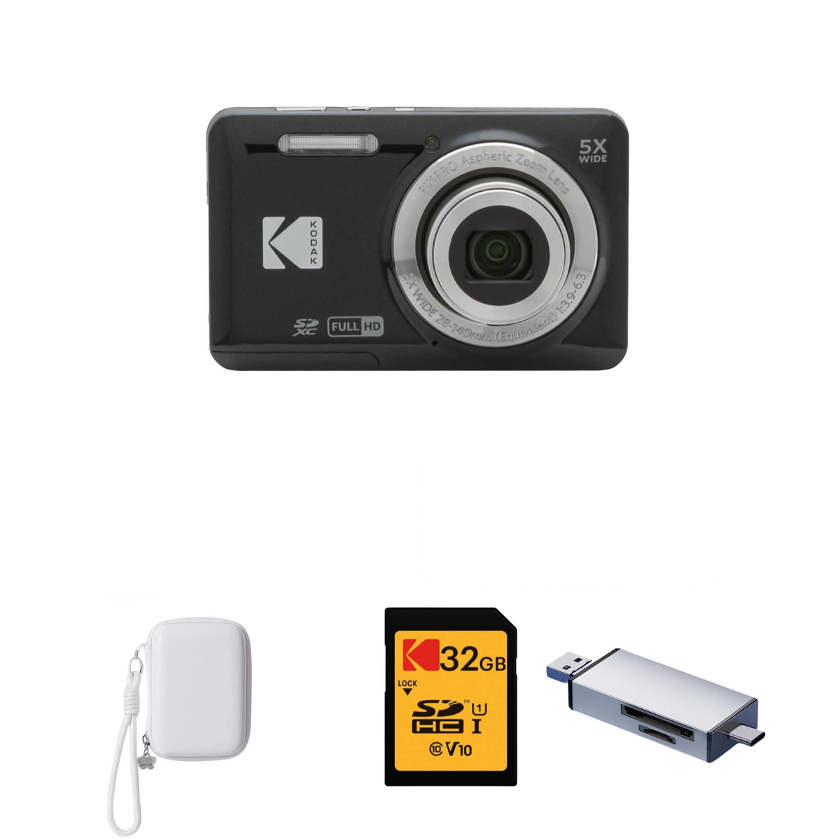 KODAK PIXPRO FZ55 Digital Camera, Black, White Strap Carry Case, 32GB SD Card, Silver Card Reader Bundle — image 1