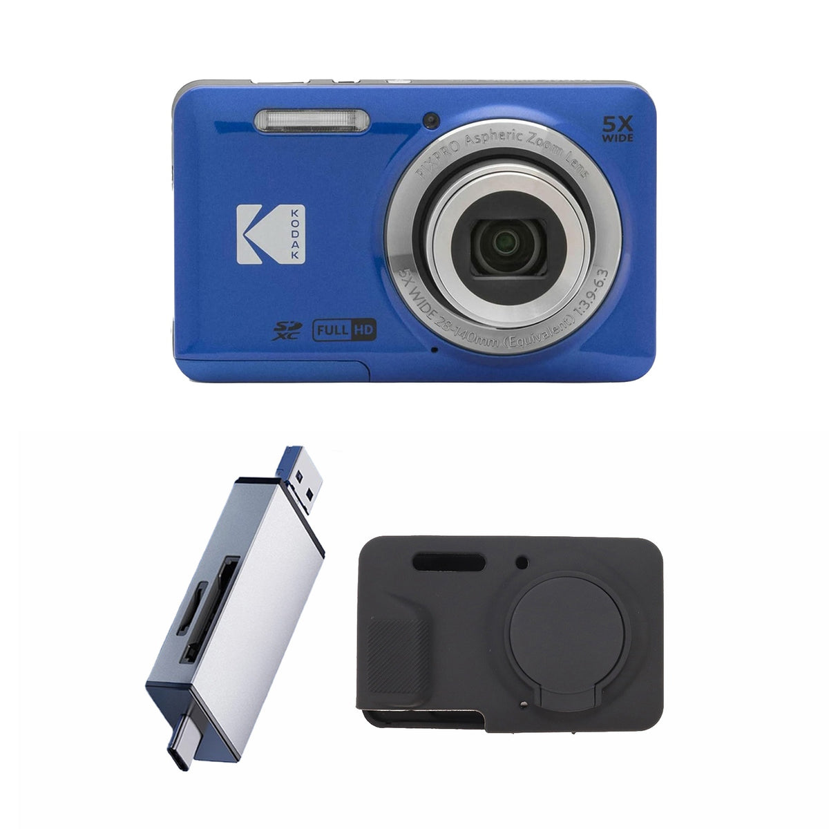 KODAK PIXPRO FZ55 Digital Camera, Blue, Silver Card Reader, Black Silicone Case Bundle — image 1