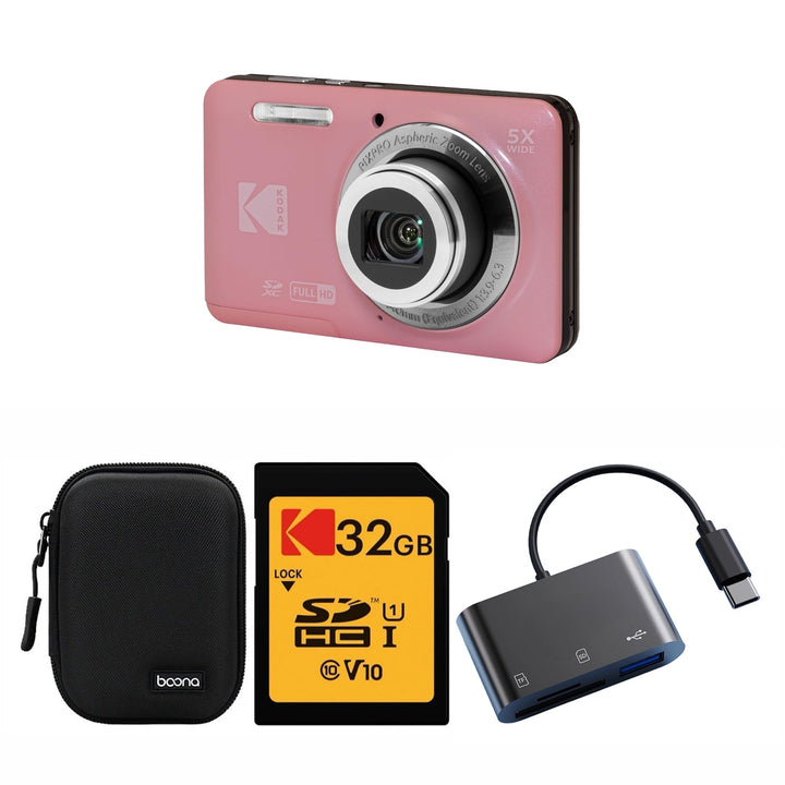 KODAK PIXPRO FZ55 Digital Camera, Pink, Black Carry Case, 32GB SD Card, Dark Gray Card Reader Bundle