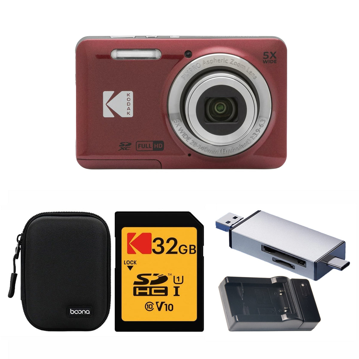 KODAK PIXPRO FZ55 Digital Camera, Red, Black Carry Case, 32GB SD Card, Silver Card Reader, Charging Cradle, Solid Style Bundle — image 1