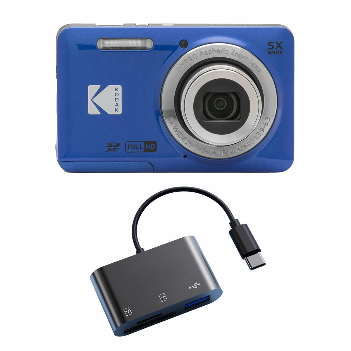 KODAK PIXPRO FZ55 Digital Camera, Blue, Black Card Reader Bundle — image 1