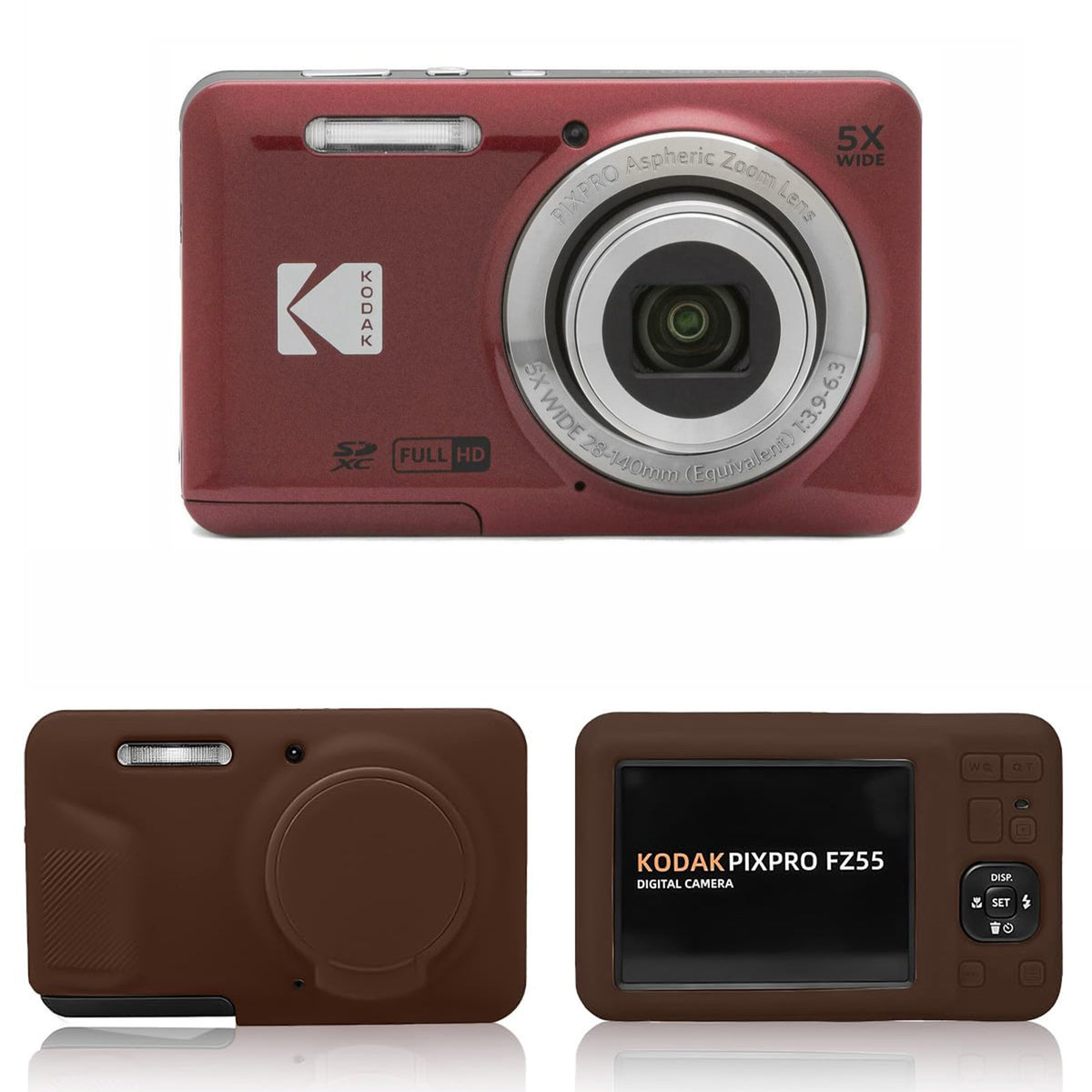 KODAK PIXPRO FZ55 Digital Camera, Red, Brown Silicone Case Bundle — image 1