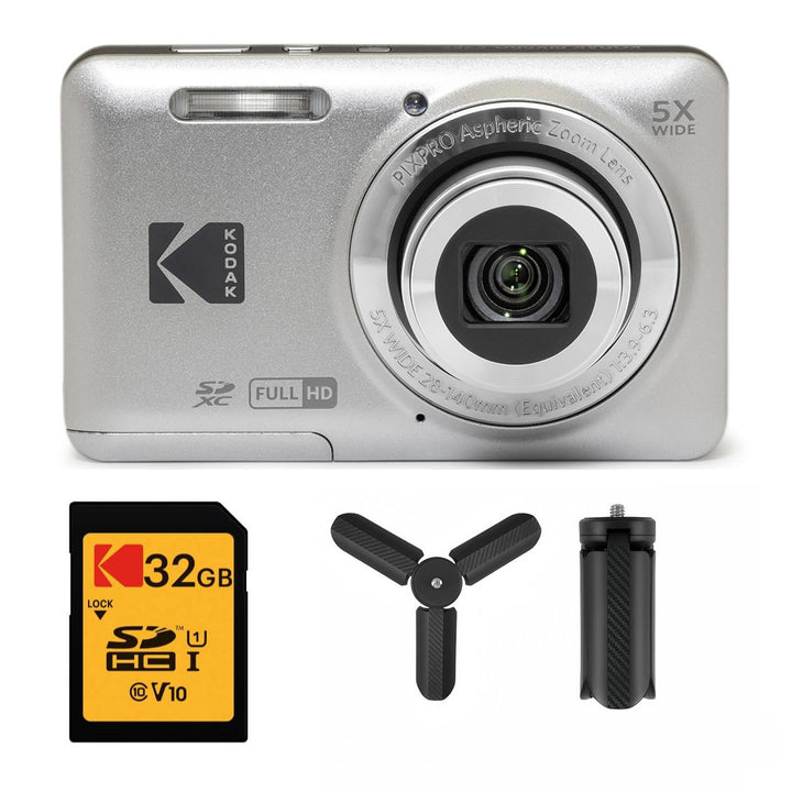 KODAK PIXPRO FZ55 Digital Camera, Silver, 32GB SD Card, Mini Tripod Bundle