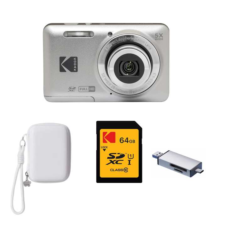 KODAK PIXPRO FZ55 Digital Camera, Silver, Ivory Strap Carry Case, 64GB SD Card, Silver Card Reader Bundle - image 1