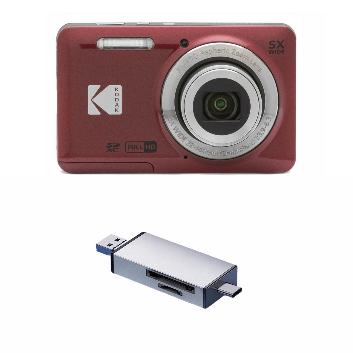 KODAK PIXPRO FZ55 Digital Camera, Red, Silver Card Reader Bundle — image 1